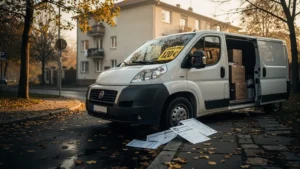 Photo réaliste d’un camion de déménagement avec un PV de 120 € collé sur le pare-brise en ville