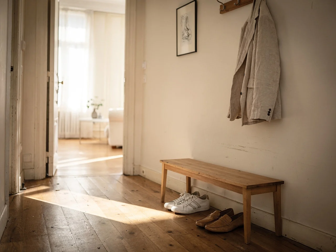 Entrée d'un appartement avec banc en bois et porte-manteaux