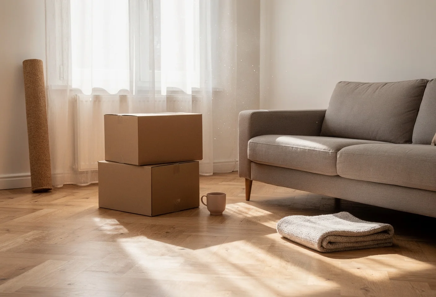 Salon avec deux cartons rangés après un emménagement