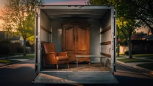 Vieux meubles oubliés dans un camion de déménagement au coucher du soleil, ambiance nostalgique et réaliste
