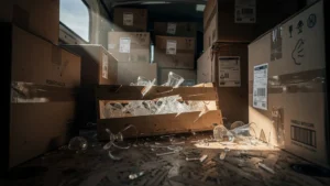 Caisse en bois fragile brisée sous des cartons lourds dans un camion de déménagement