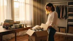 Femme réfléchissant en plein désencombrement avant déménagement dans un appartement lumineux et minimaliste