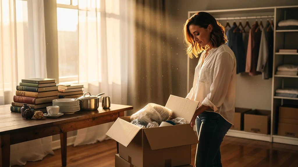 Femme réfléchissant en plein désencombrement avant déménagement dans un appartement lumineux et minimaliste