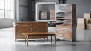 Photographie réaliste de meubles filmés en plastique transparent pour un transport sécurisé, illustration déménagement