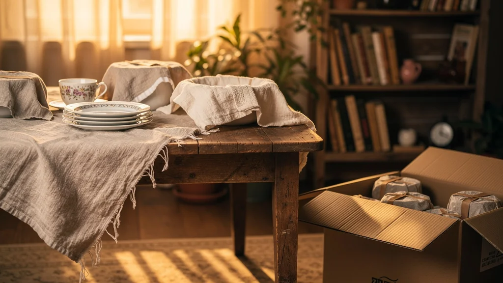 Vaisselle emballée dans du linge doux au lieu de papier bulle, méthode écologique et soigneuse