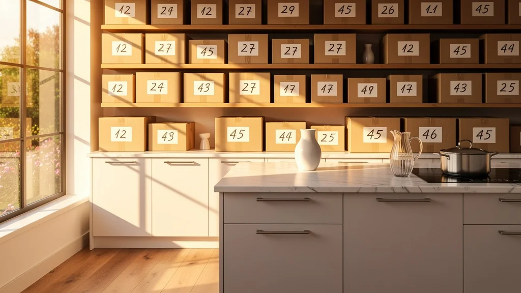 Cuisine moderne organisée avec cartons numérotés, illustrant le gain au remontage efficace