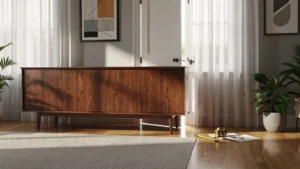 Buffet trop large bloqué dans une porte étroite, illustrant une erreur de mesure avant achat