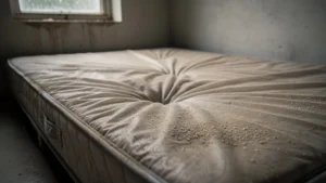 Photo réaliste d’une housse de matelas premier prix après six mois de stockage en protection