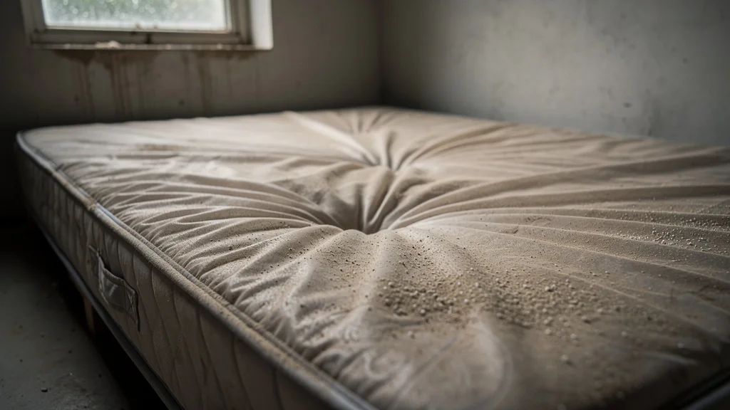 Photo réaliste d’une housse de matelas premier prix après six mois de stockage en protection