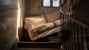 Canapé beige bloqué dans une cage d'escalier étroite, illustrant une leçon de déménagement réaliste