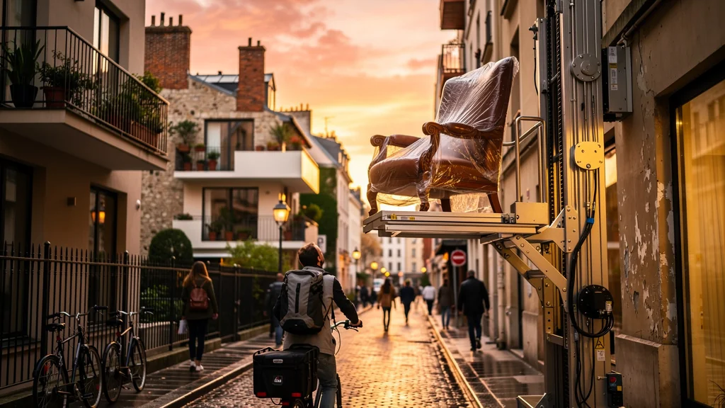 Monte-meuble moderne en ville transportant un fauteuil, débat entre utilité et luxe dans un cadre urbain réaliste