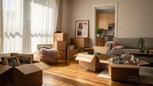 Premier emménagement à deux avec cartons ouverts révélant souvenirs et objets personnels dans un salon lumineux