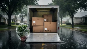 Déménagement sous la pluie montrant objets résistants au transport en carton mouillé et environnement urbain humide