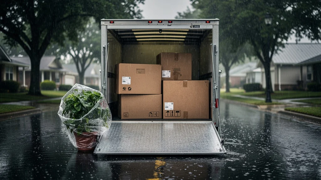 Déménagement sous la pluie montrant objets résistants au transport en carton mouillé et environnement urbain humide
