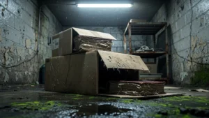 Garde-meuble humide en rez-de-chaussée avec cartons de livres gondolés par l'humidité