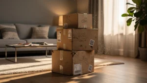 Pile de cartons oubliée dans un salon moderne redécouvert en lumière naturelle douce
