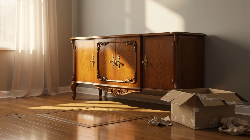 Buffet vintage déménagé plusieurs fois dans un salon lumineux, symbolisant la décision de s'en séparer