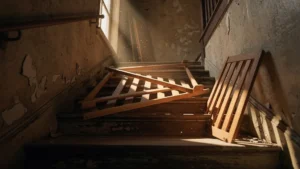 Escalier avec pièces de lit démonté, illustrant deux heures de travail perdues dans une ancienne habitation